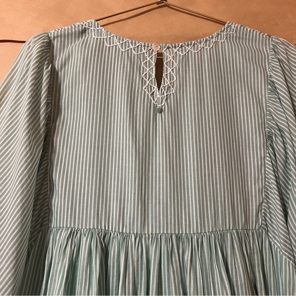 Kopal | The Zeenat Dress Smocked Rosette Bib Popover Sea Green Stripe Size L - Picture 12 of 15